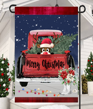 Merry Christmas Red Truck Dog in Bed Garden Flag