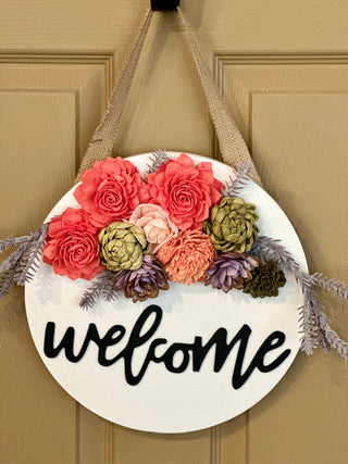 ‘Welcome’ Wood Flower Round - Peach, Green and Lavender