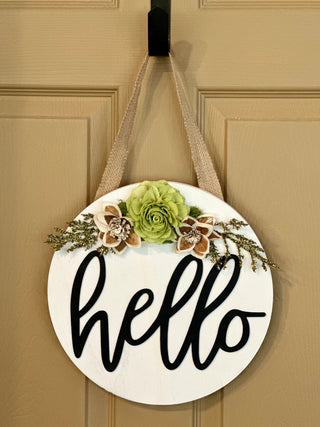 ‘Hello’ Wood Flower Round - White, Sage and Neutral