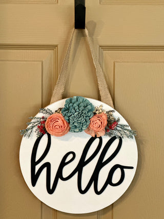 ‘Hello’ Wood Flower Round - Peach and Teal