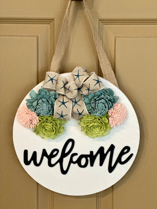 ‘Welcome’ Wood Flower Round - Blush, Teal and Green