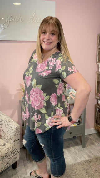Black and Pink Floral V-Neck