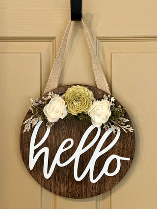 ‘Hello’ Wood Flower Round - Brown, Sage and Cream