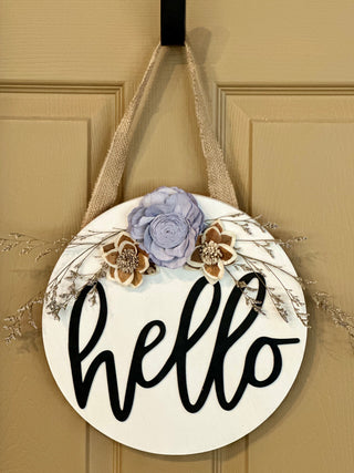 ‘Hello’ Wood Flower Round - Lavender and Neutral