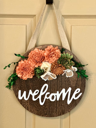 ‘Welcome’ Wood Flower Round - Peach and Green