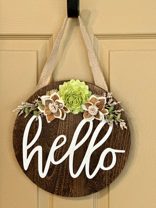 ‘Hello’ Wood Flower Round - Brown, Sage and Neutral