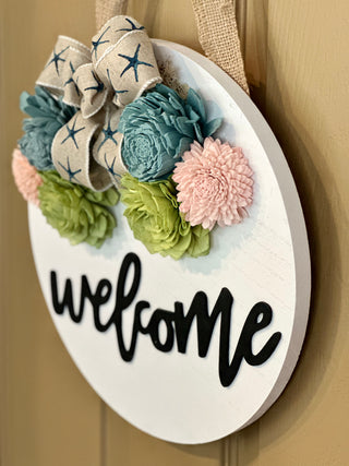 ‘Welcome’ Wood Flower Round - Blush, Teal and Green